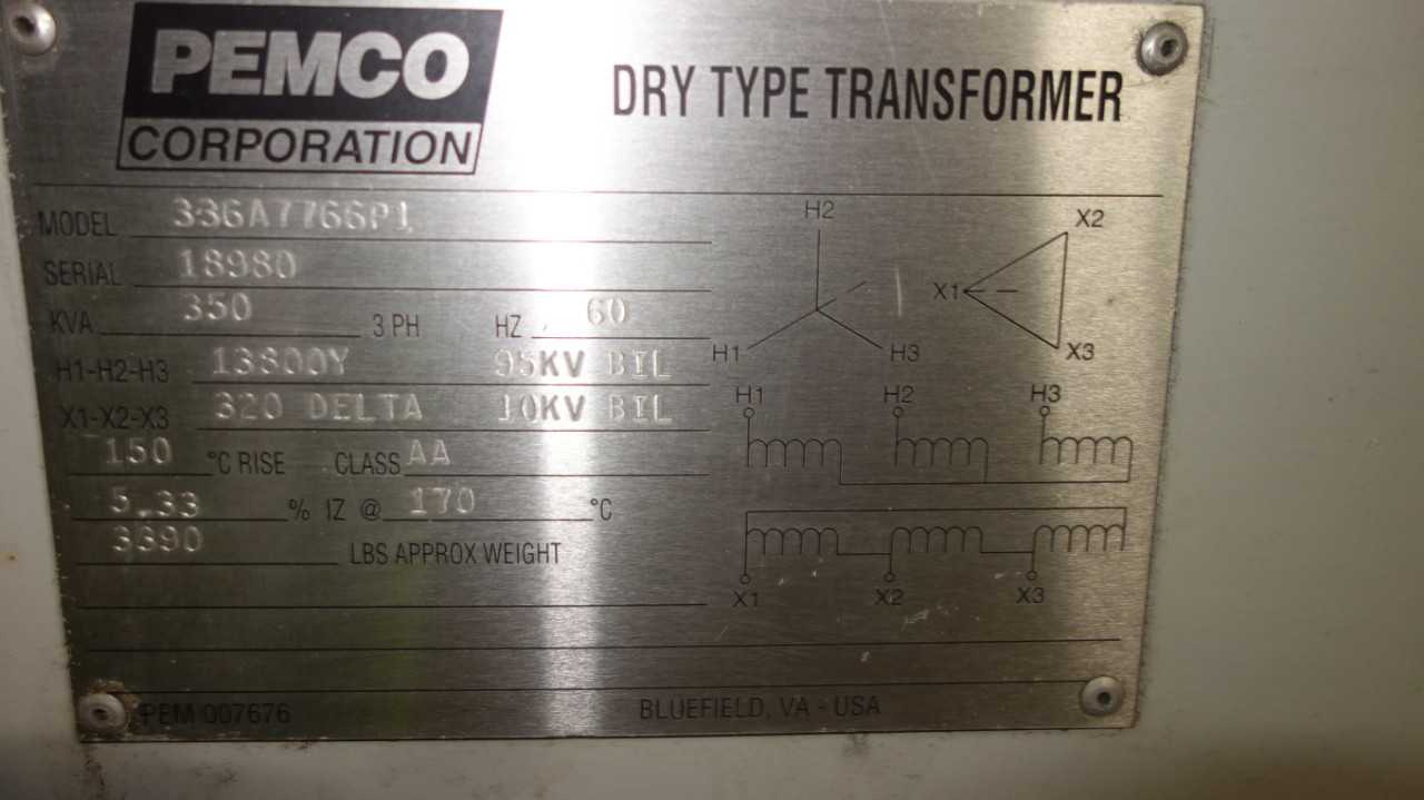 PEMCO AA 336A7766P1 350KVA 13800V-AC TRANSFORMER - CONTROL TRANSFORMERS