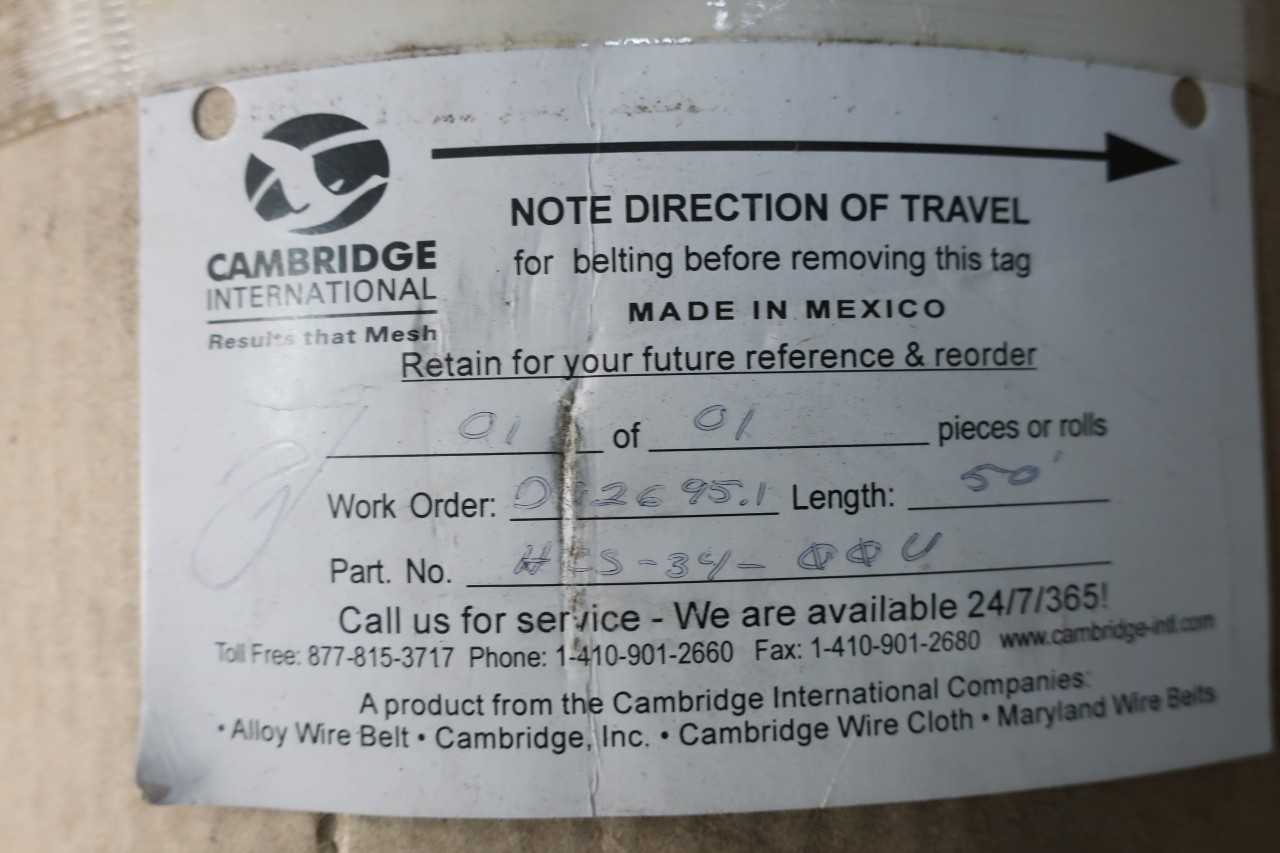 CAMBRIDGE HCS-34-00U STAINLESS STEEL CONVEYOR BELT 50FT X 34IN - PACKAGING