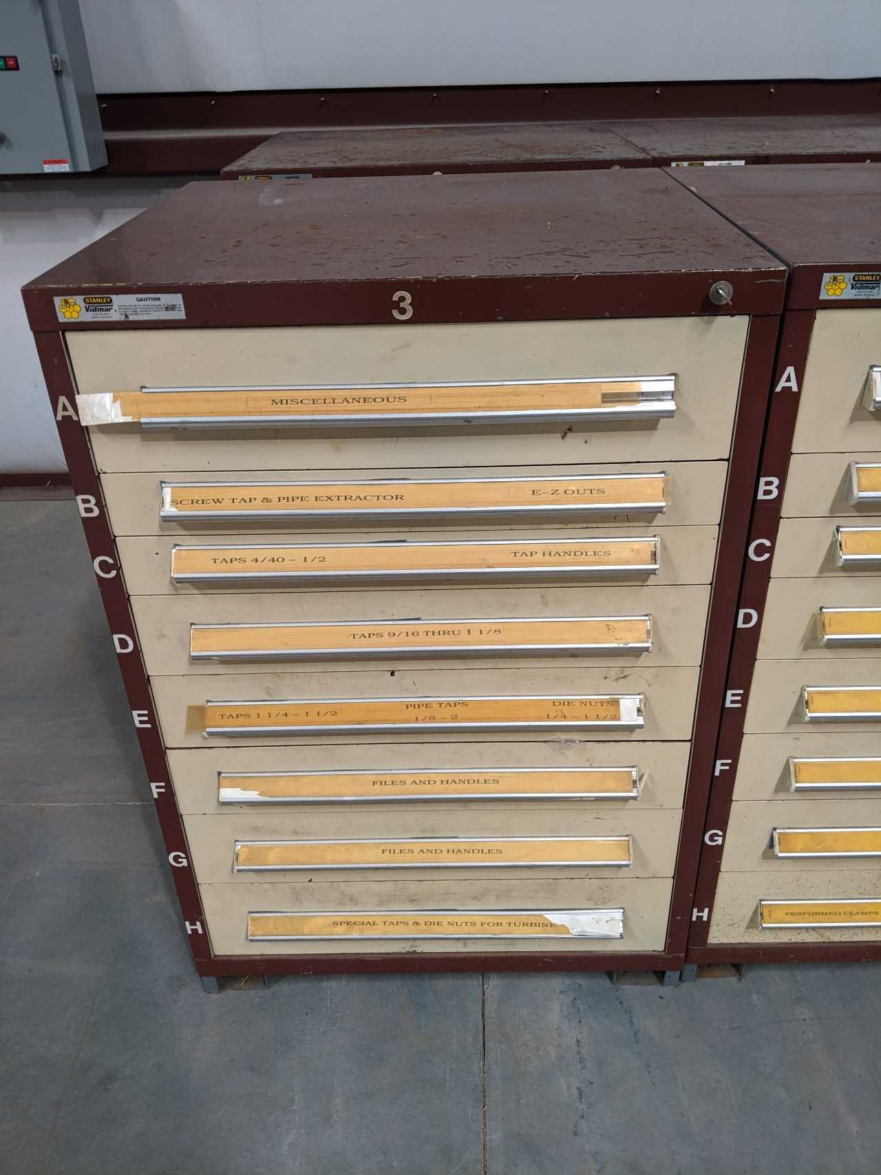 4 STANLEY VIDMAR CABINETS WITH CONTENTS - TAPS, EXTRACTORS, FILES, BANDING TOOLS, CLAMPS - TOOL STORAGE