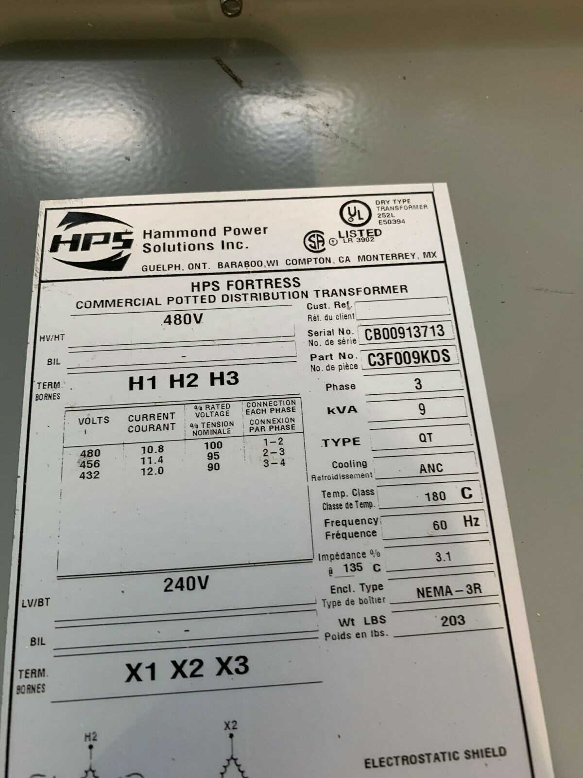 NEW HPS FORTRESS TRANSFORMER C3F009KDS HAMMOND POWER SOLUTIONS - CONTROL TRANSFORMERS