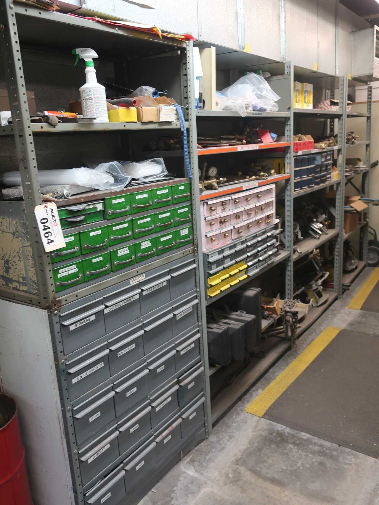Contents of 1 row of shelving - welding torches, pipe bevelers, Victor VCM 200 portable gas cutting machine - WELDING EQUIPMENT