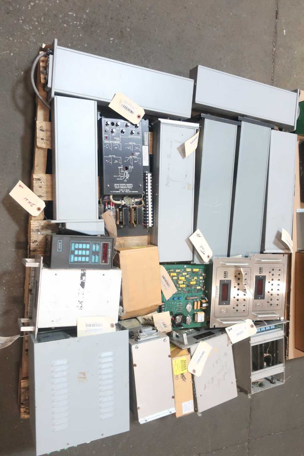 2 PALLETS OF ASSORTED ELECTRICAL MODULES, CIRCUIT BOARDS, CRT CONTROLLER, AUTO REVERSE CONTROLLER, AC CONTROLLERS, CONTROLLERS- PECO, THORNTON, EMERSON, DELTAV, ABB, FOXBORO, CONTREX, KRONES, GORMAN RUPP - AUTOMATION & CONTROLS