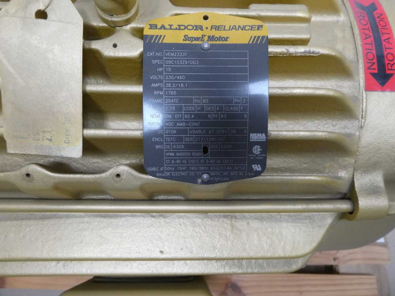 BALDOR VEM2333T SUPER-E 254TC 3PH 15HP 1765RPM 1-3/8IN 230/460V-AC AC MOTOR - ELECTRIC MOTORS