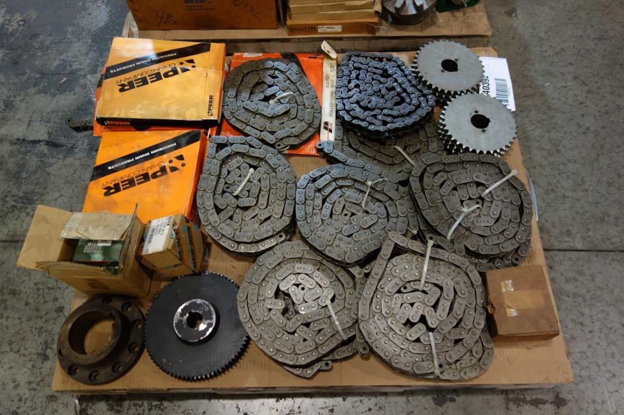 2 PALLETS OF ASSORTED ROLLER CHAINS, SPROCKETS, V-BELT SHEAVE, COUPLINGS- BROWNING, DODGE, PEER, TSUBAKI - ROLLER CHAIN