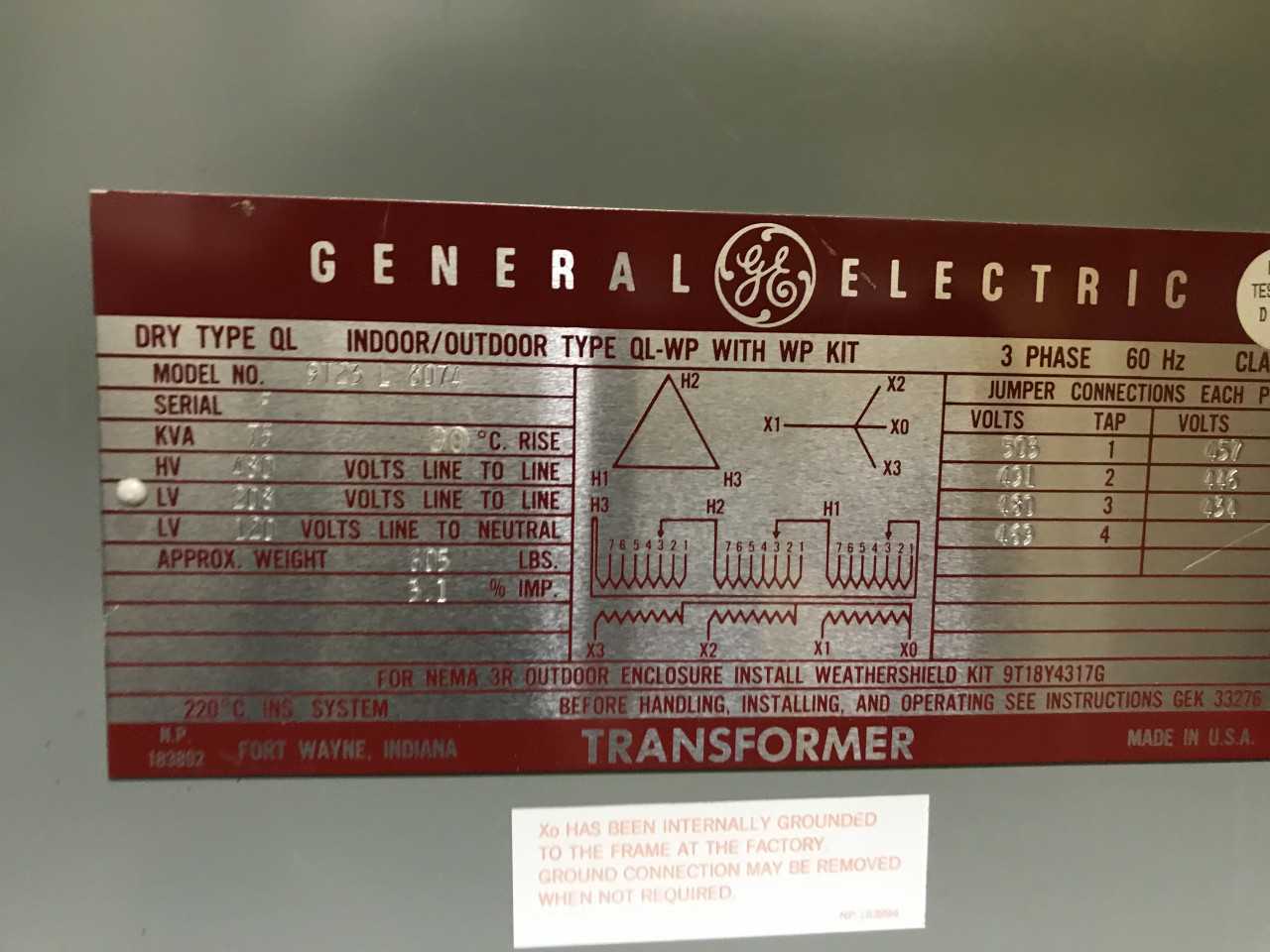 GENERAL ELECTRIC 75KVA DRY TYPE TRANSFORMER - CONTROL TRANSFORMERS