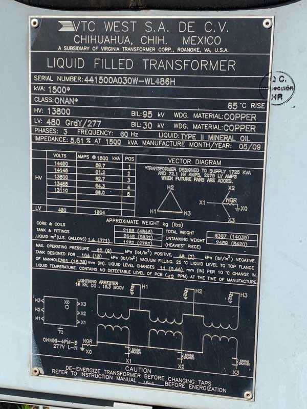 VTC Substation Oil Filled Transformers 1500 KVA - OA 1725 KVA - FFA - POWER GENERATORS