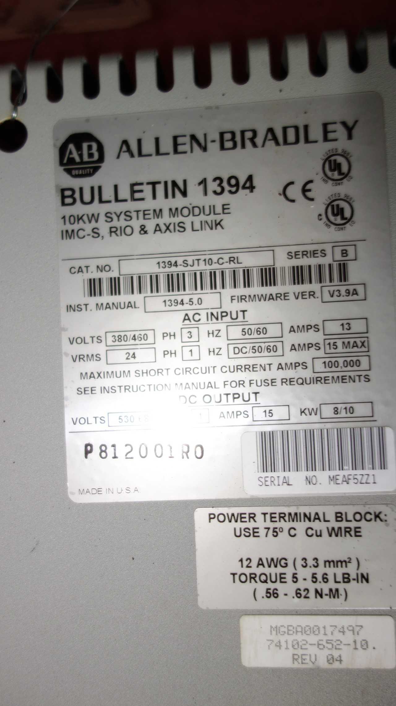ALLEN BRADLEY 1394-SJT10-C-RL 10KW SYSTEM MODULE - AUTOMATION & CONTROLS
