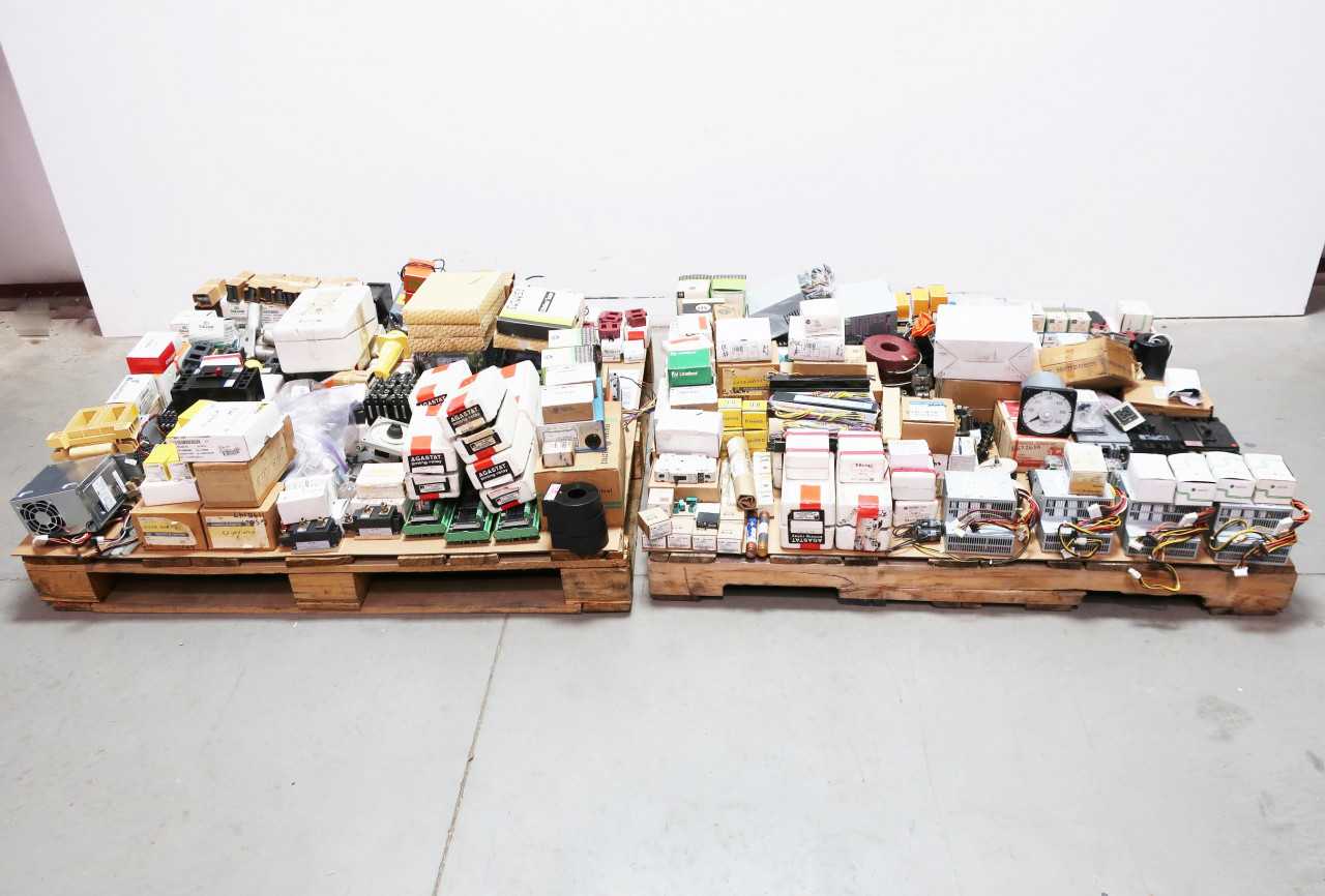 2 PALLETS OF ASSORTED RELAYS, BREAKERS, ELECTRICAL PARTS - ELECTRICAL COMPONENTS