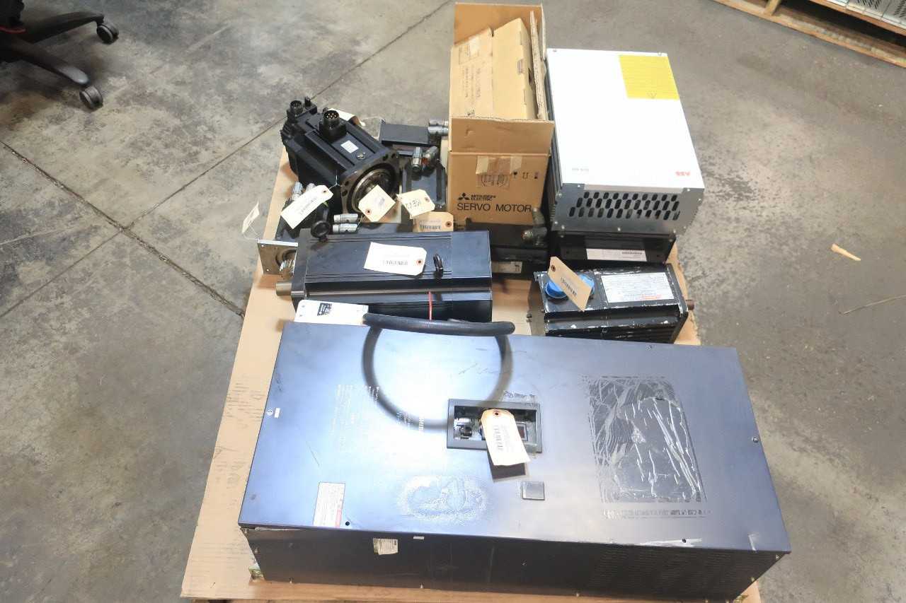1 PALLET OF SERVO MOTORS, AC MOTOR DRIVE, LASER HEAD CONTROLS- TOBISHA, KOLLMORGEN, GIDDINGS LEWIS, YASKAWA, ELWOOD GETTYS, DOMINO, ABB, MITSUBISHI - MOTOR DRIVES