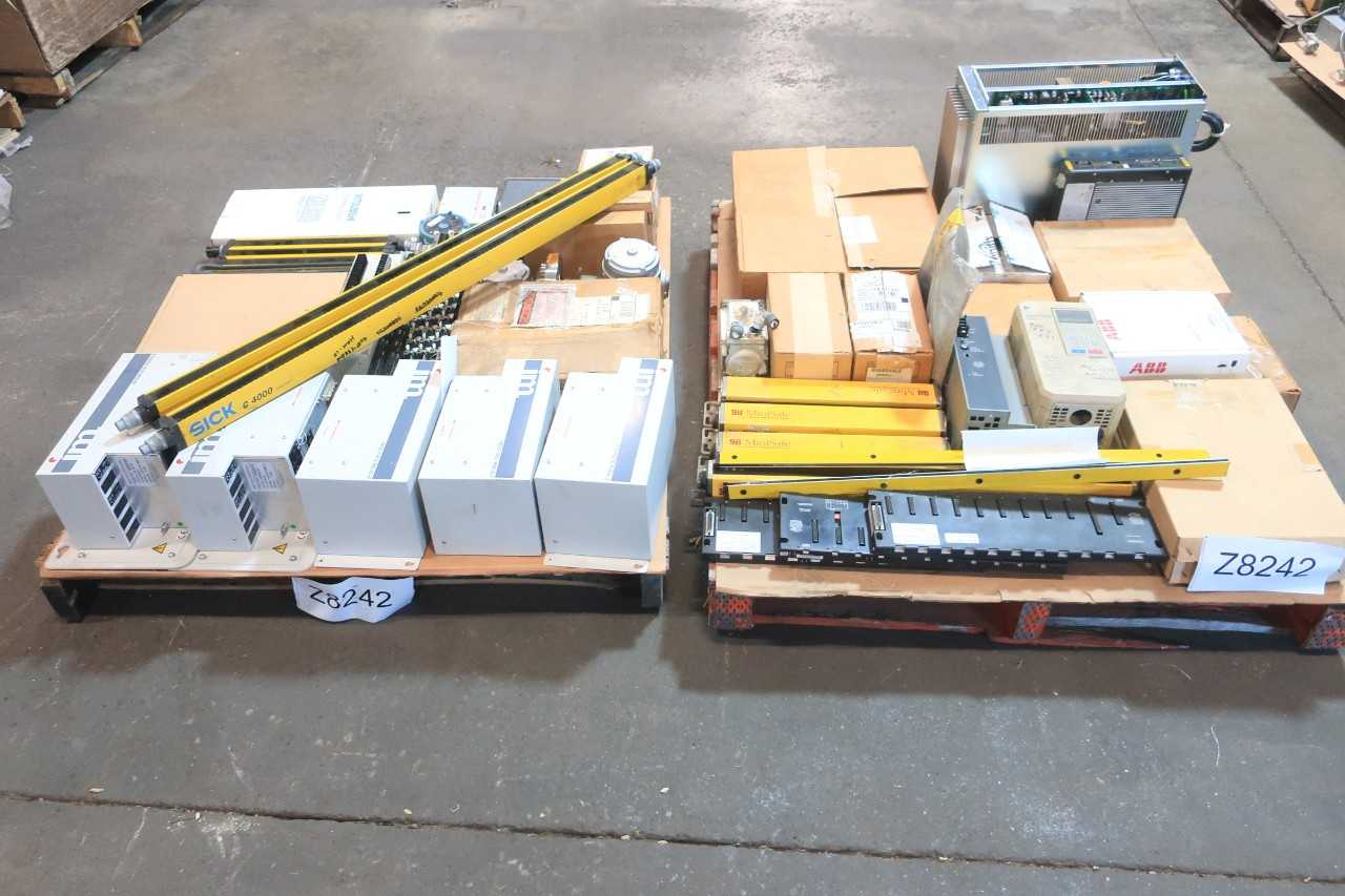2 PALLETS OF ASSORTED ELECTRICAL SWITCH CONTROLS, LIGHT CURTAIN, MODULES, RACK CONTROLS, INTERFACE MODULE, MOTOR DRIVE- SICK, SCHNEIDER, MITSUBSHI, YASKAWA, ALLEN BRADLEY, GE FANUC, FOXBORO, UNITED ELECTRIC, BOC EDWARDS, OMRON - AUTOMATION & CONTROLS