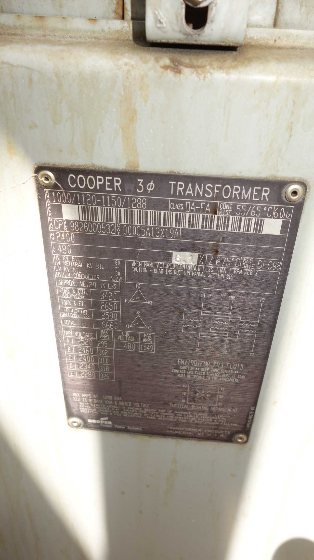 COOPER OA-FA 1288KVA 2400V-AC OIL FILLED TRANSFORMER - CONTROL TRANSFORMERS