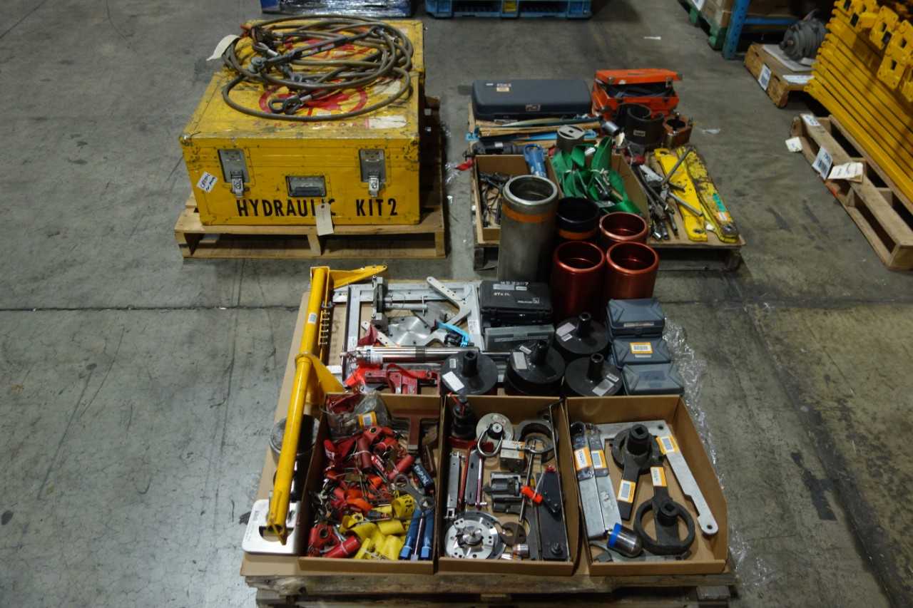 3 PALLETS OF ASSORTED TOOLING  HYDRAULIC PARTS  SAFETY EQUIPMENT  TESTERS  HARDWARE - SAFETY EQUIPMENT