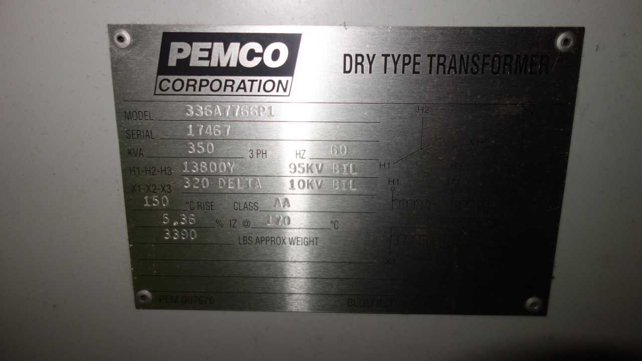 PEMCO AA 336A7766P1 350KVA 13800V-AC TRANSFORMER - CONTROL TRANSFORMERS