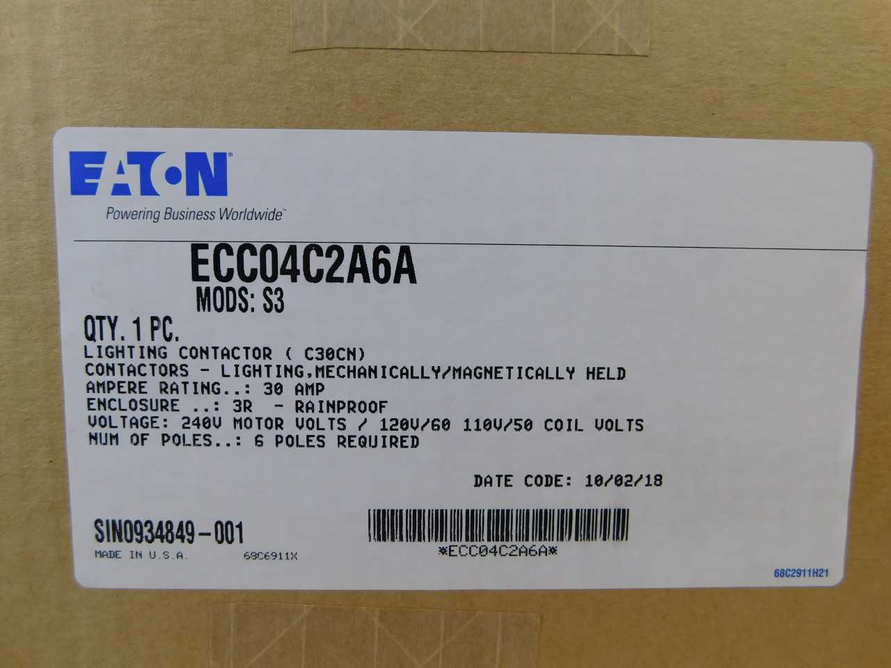 Lot of Qty 5x Eaton ECC04C2A6A Lighting Contactor Mechanically/Magnetically Held 6P 30A 240VAC 50/60Hz NEMA Type 3R - CONTACTORS