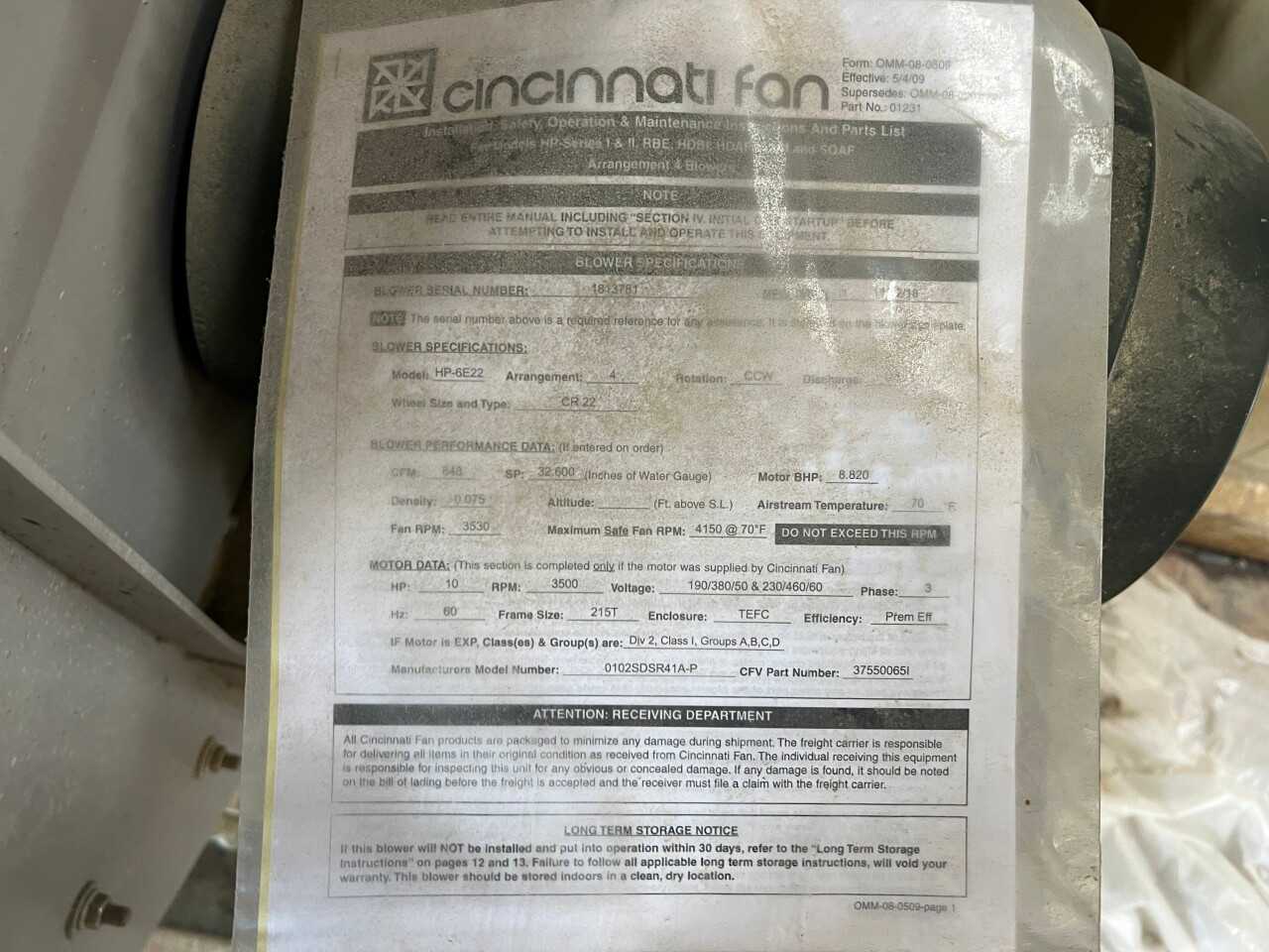 Cincinnati Fan HP-6E22 radial blower - BLOWER FAN