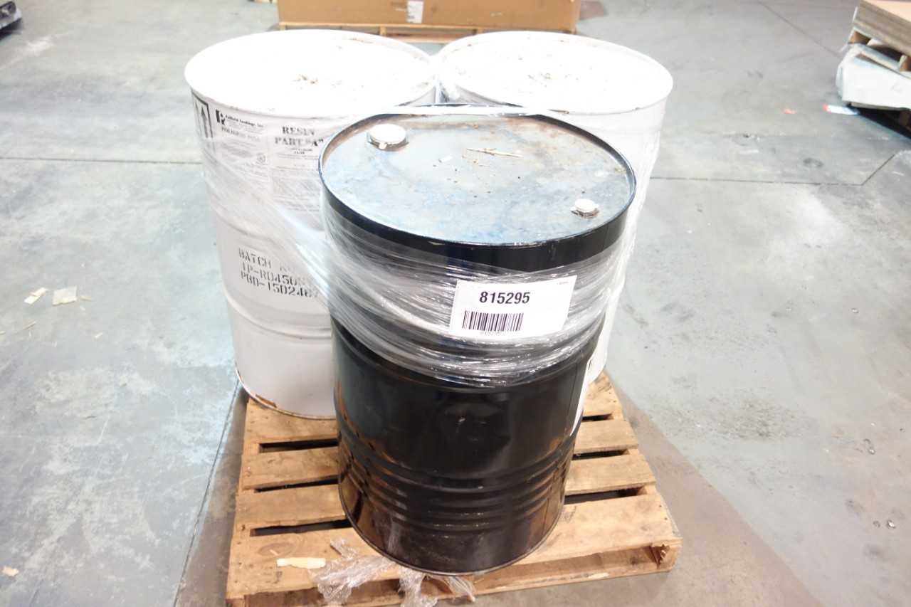LOT OF THREE 50 GALLON DRUMS POLIBRID COATINGS SOLVENTS - MACHINING ACCESSORIES & TOOLING