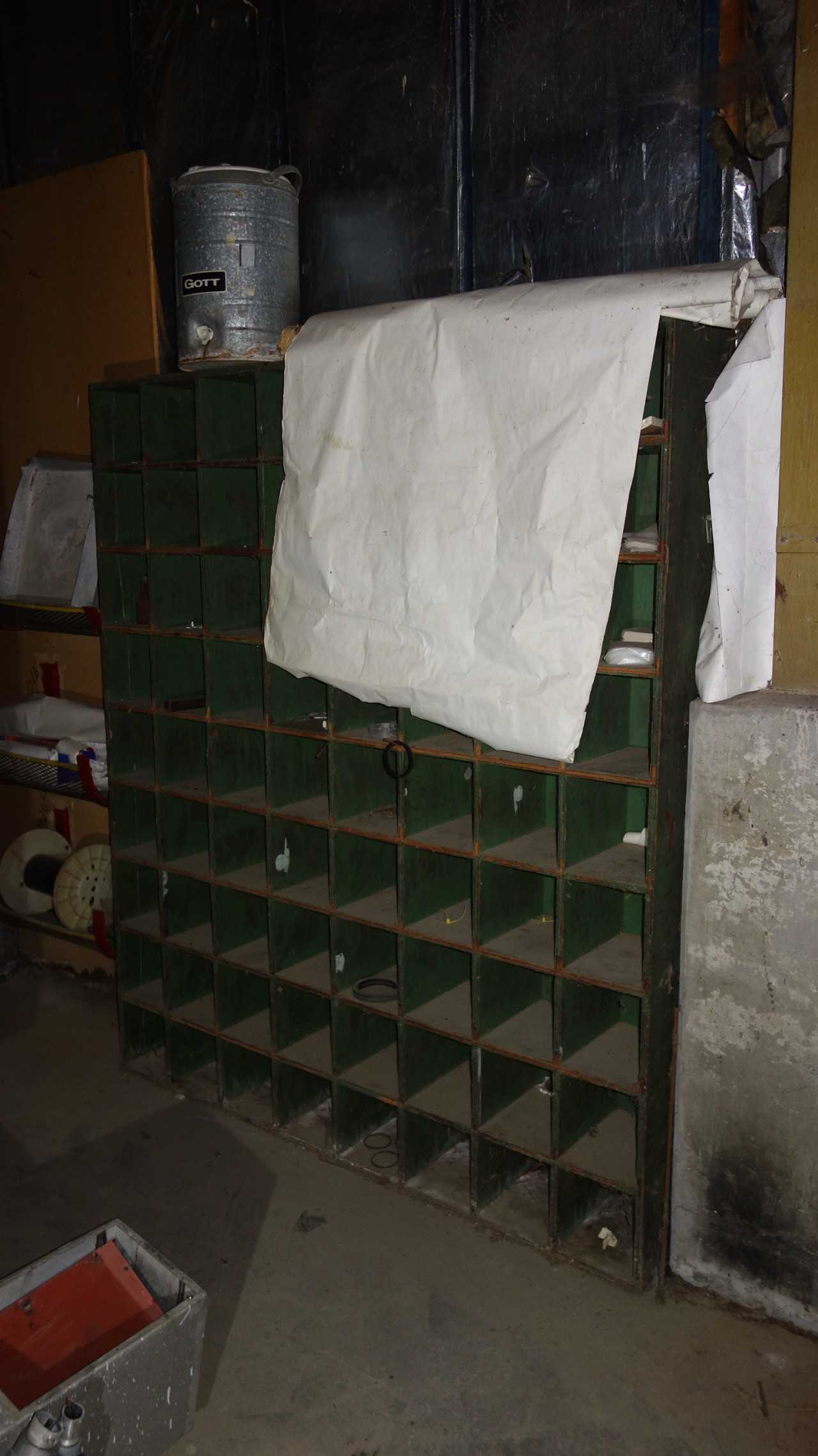 LOT OF 2 WOODEN PIGEON HOLE CABINETS WITH CONTENTS - INDUSTRIAL PARTS