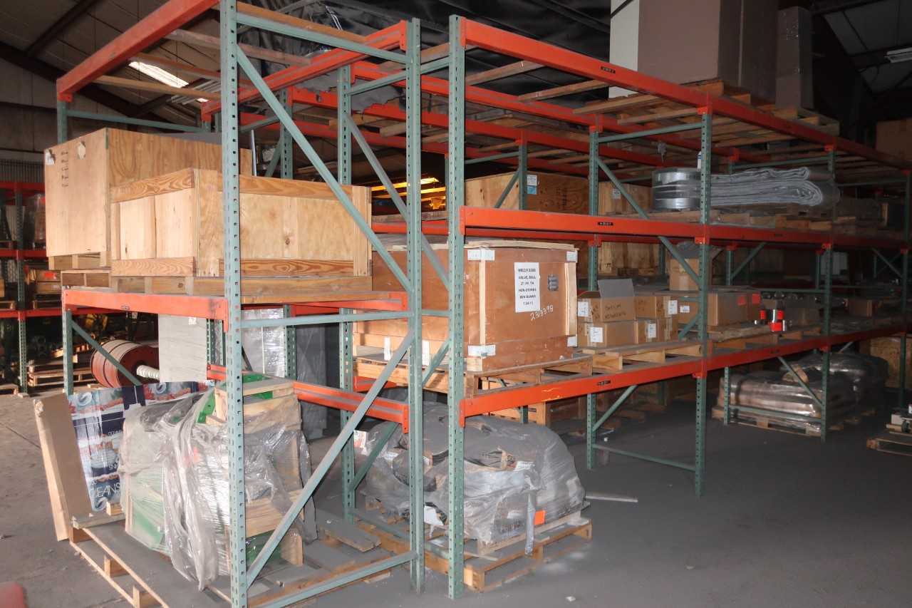 CONTENTS OF 3X SECTIONS OF PALLET RACKING (EXCLUDES LOT 635), ASSORTED COAL TURBINE CONTROL REPLACEMENT PARTS, 2IN BALL VALVES, FOXBORO RTT20 TRANSMITTERS, FALK COUPLINGS - PALLET RACKING