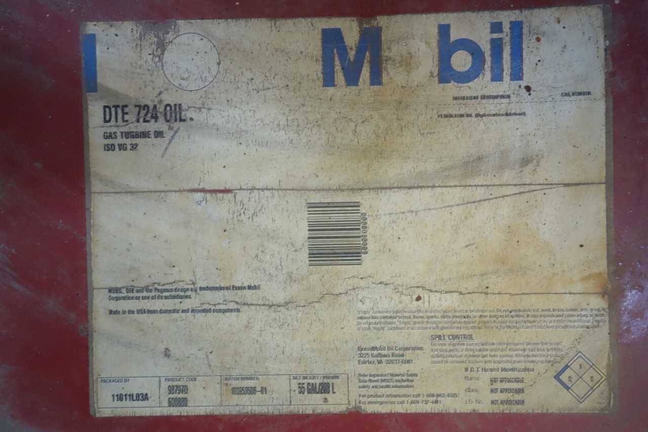 LOT OF 4 FULL 55 GALLON DRUMS OF MOBIL DTE 724 GAS TURBINE OIL - ELECTRIC POWER TOOLS