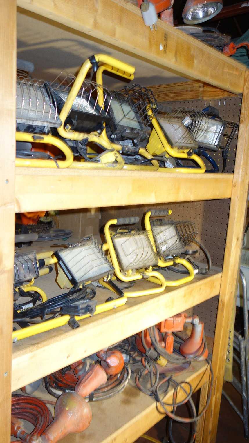 CONTENTS OF SHELF, ASSORTED LIGHTING, EMERGENCY LIGHTS, WORK LIGHTS - LIGHTING