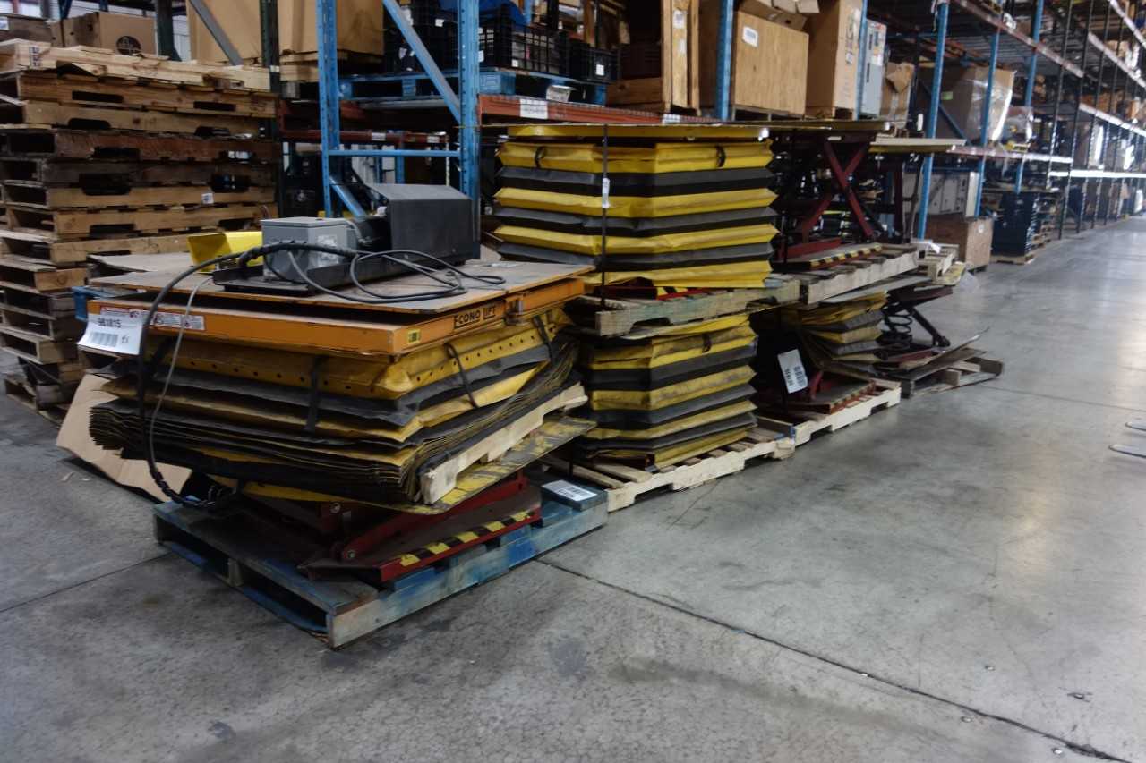 LOT OF 8 ASSORTED SOUTHWORTH PALLET POSTIONER TABLES WITH ECONO LIFT - MATERIAL HANDLING