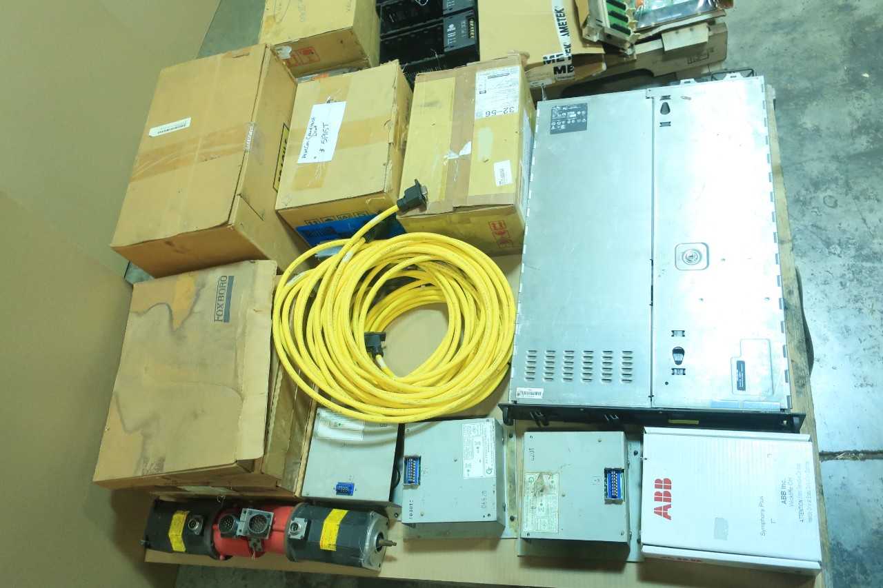 2 PALLETS OF ASSORTED ELECTRICAL CABLE-WIRE CONT, MODULES, MOTOR DRIVE, RACK CONTROLS, SERVO DRIVE, LASER SCANNER, CIRCUIT BOARD CONTROLS- SICK,ABB, GENERAL ELECTRIC, SANYO MACHINE WORKS, YASKAWA, STANLEY, TOBISHA - ELECTRICAL COMPONENTS