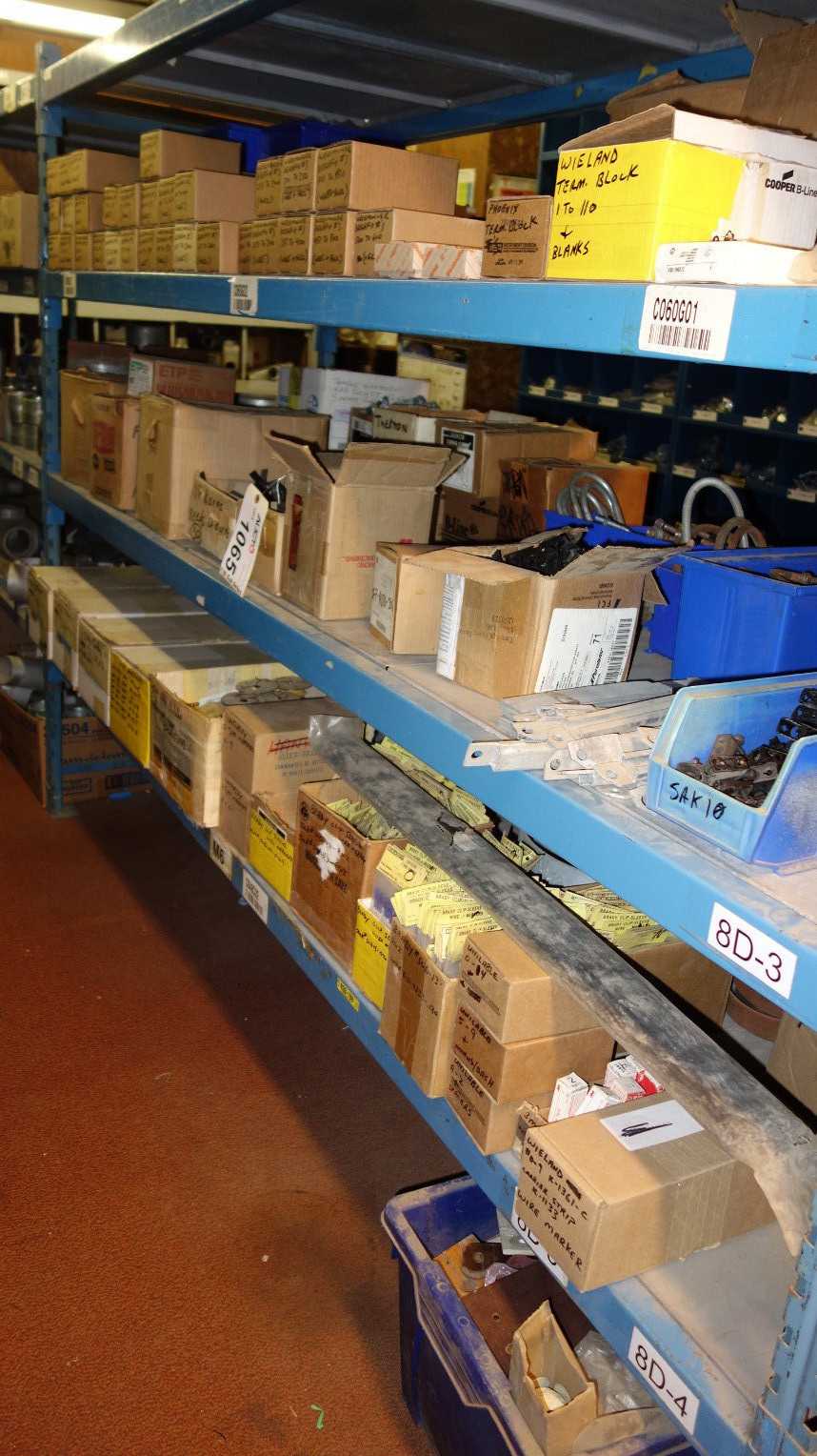 CONTENTS OF 3 SHELVES, ASSORTED FITTINGS - ELECTRICAL COMPONENTS