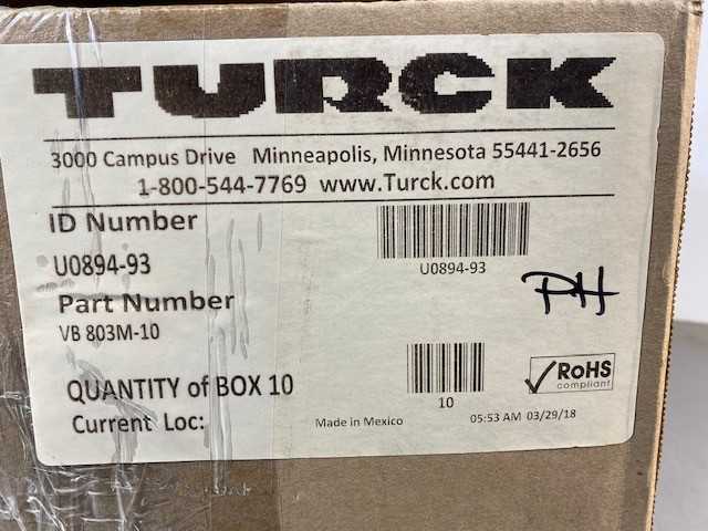 Box of 10 TURCK ID Number U0894-93 P/N VB-803M-10 Cables- New Open Box Item - ELECTRICAL COMPONENTS