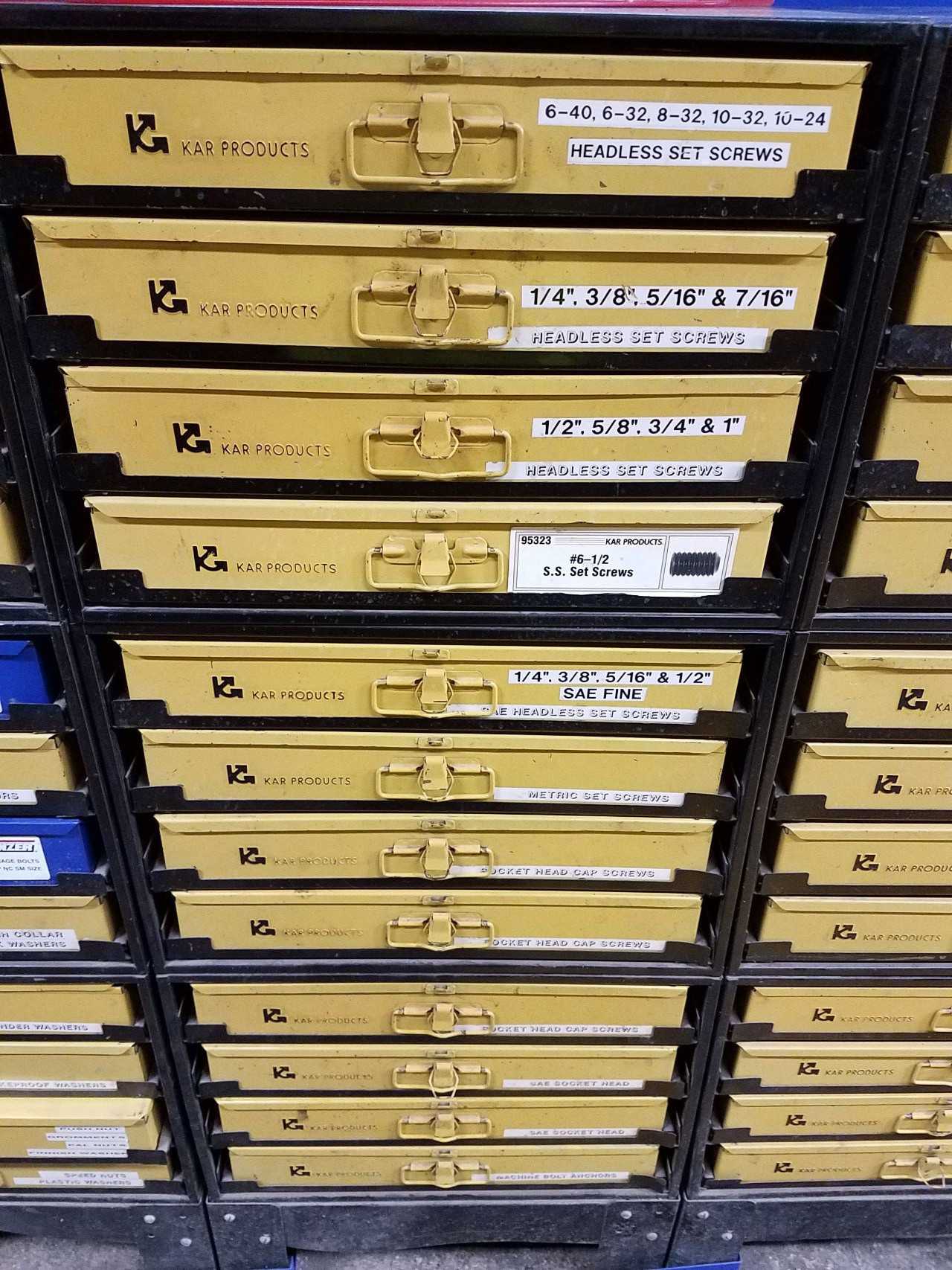 Lot of assorted Kar Products and Winzer cabinets with metal fasteners, o-rings, screws, bolts, dowel pins - TOOL STORAGE