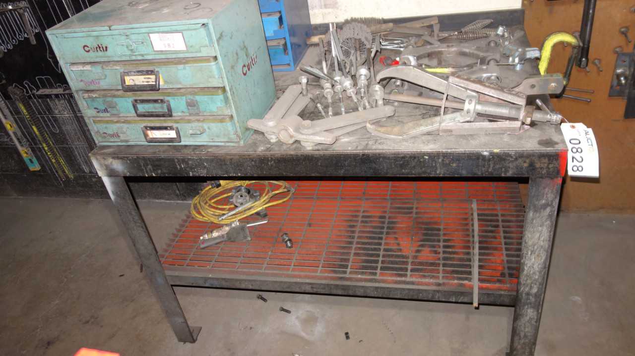 STEEL WORK TABLE WITH CONTENTS - BEARING PULLERS - MISCELLANEOUS