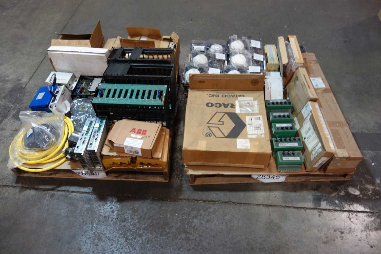 2 PALLETS OF ASSORTED ELECTRICAL- SERVO DRIVE, FIRE ALARMS, MODULE CONTROLS- MITSUBISHI, BAILEY, ABB - AUTOMATION & CONTROLS