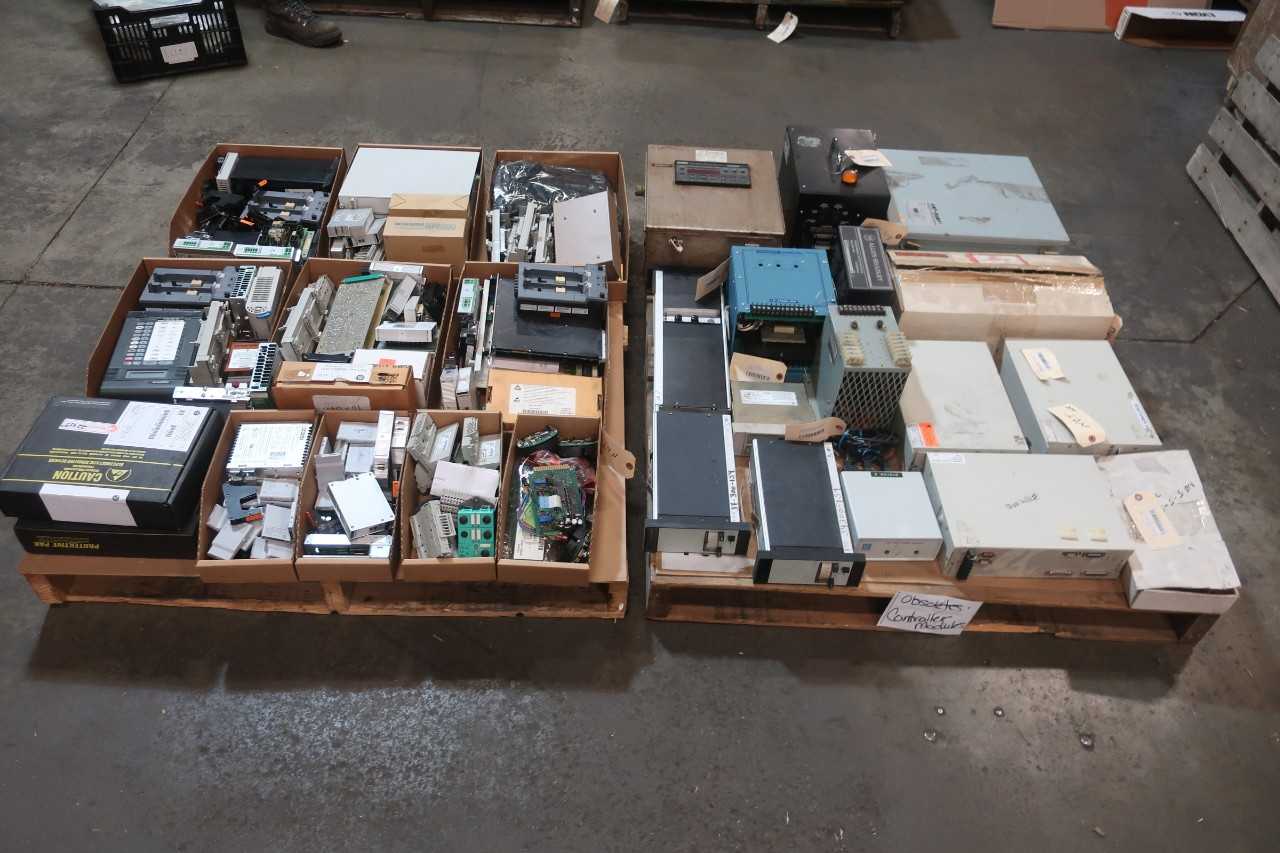 2 PALLETS OF ASSORTED ELECTRICAL CONTROLS, CIRCUIT BOARDS, MODULES- CONAIR, AMBI-TECH, ALLEN BRADLEY, OMEGA, YASKAWA, MITSUBISHI, BAILEY, HALMAR ROBICON, HARDY - AUTOMATION & CONTROLS