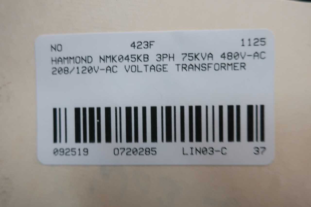 HAMMOND NMK045KB VOLTAGE TRANSFORMER 3PH 45KVA 480V-AC 208/120V-AC - CONTROL TRANSFORMERS