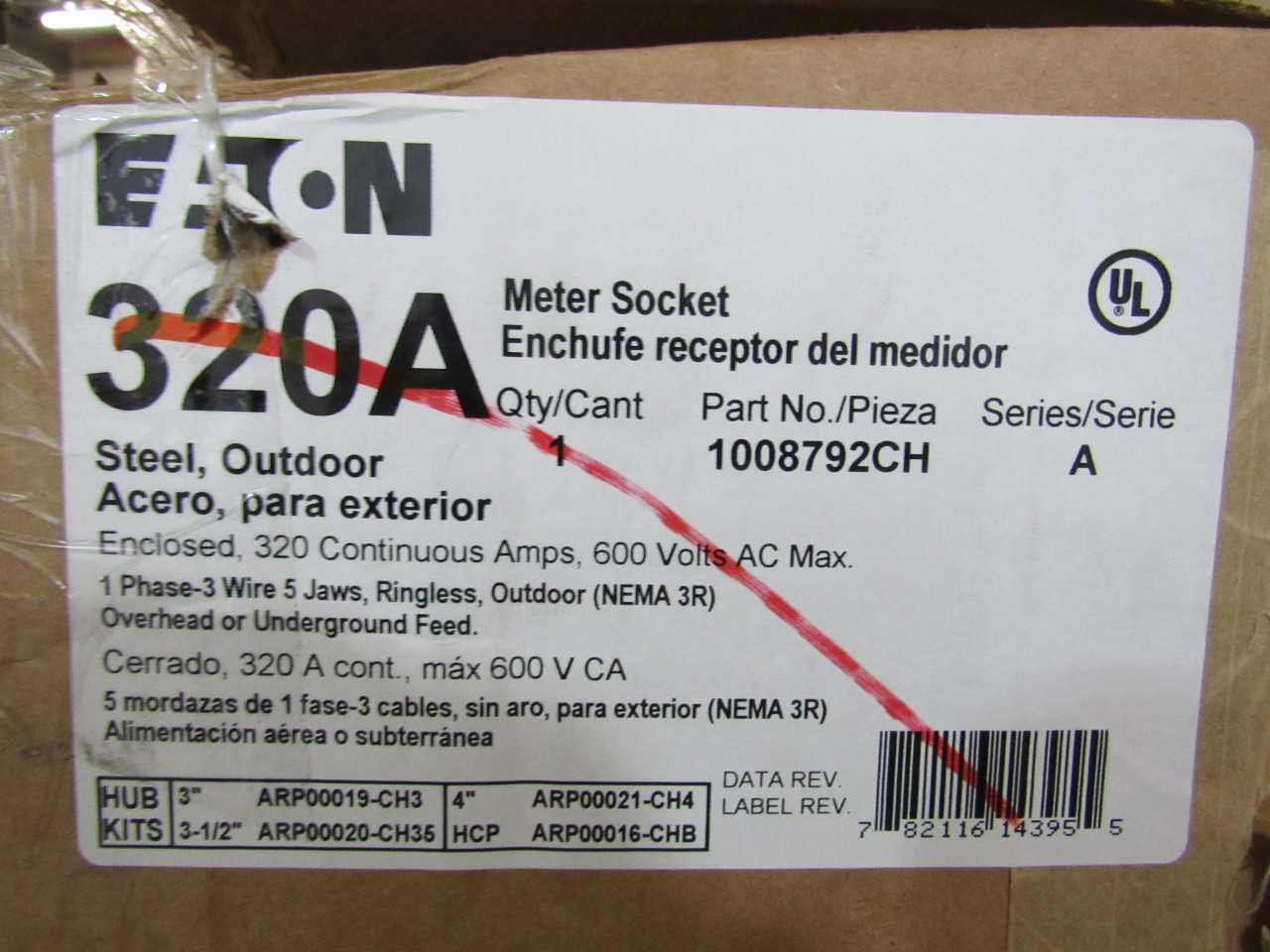 (1) Eaton 1008792CH Meter Socket 320A 600VAC 1 Ph 3 Wire 5 Jaws NEMA Type 3R - INDUSTRIAL PARTS