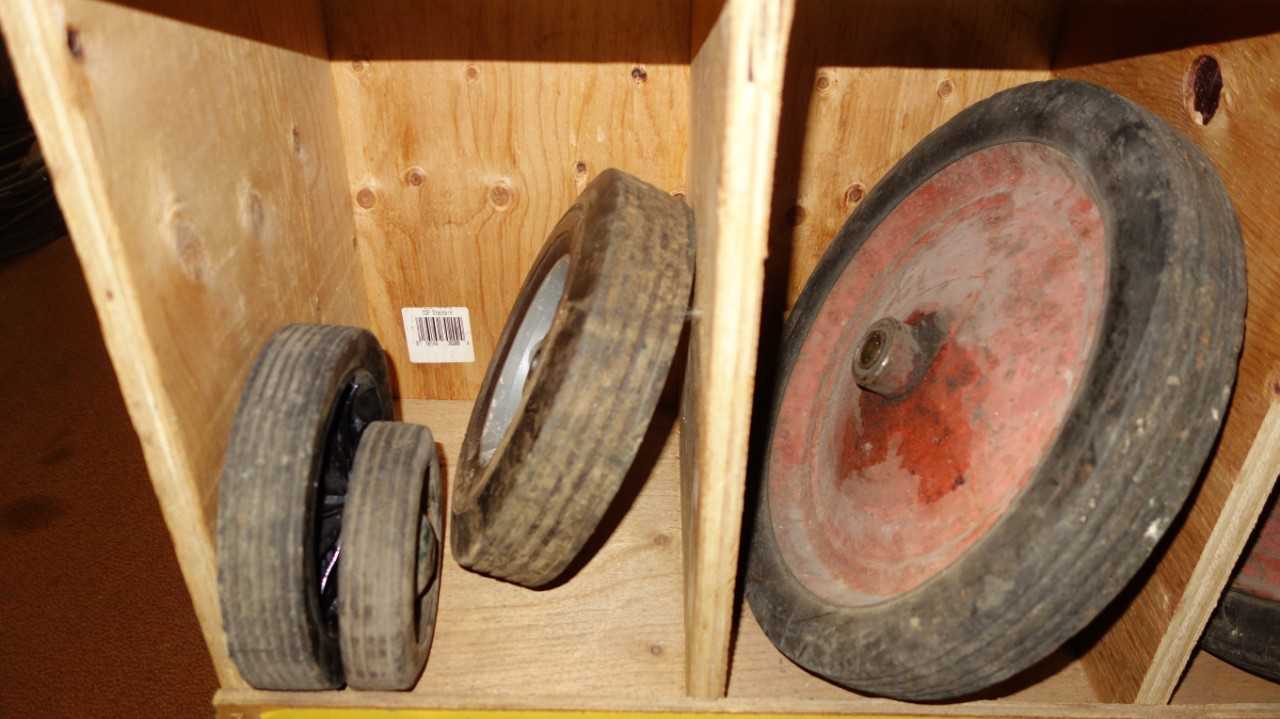 CONTENTS OF PIGEON HOLE CABINET, ASSORTED CART WHEELS - TOOL STORAGE