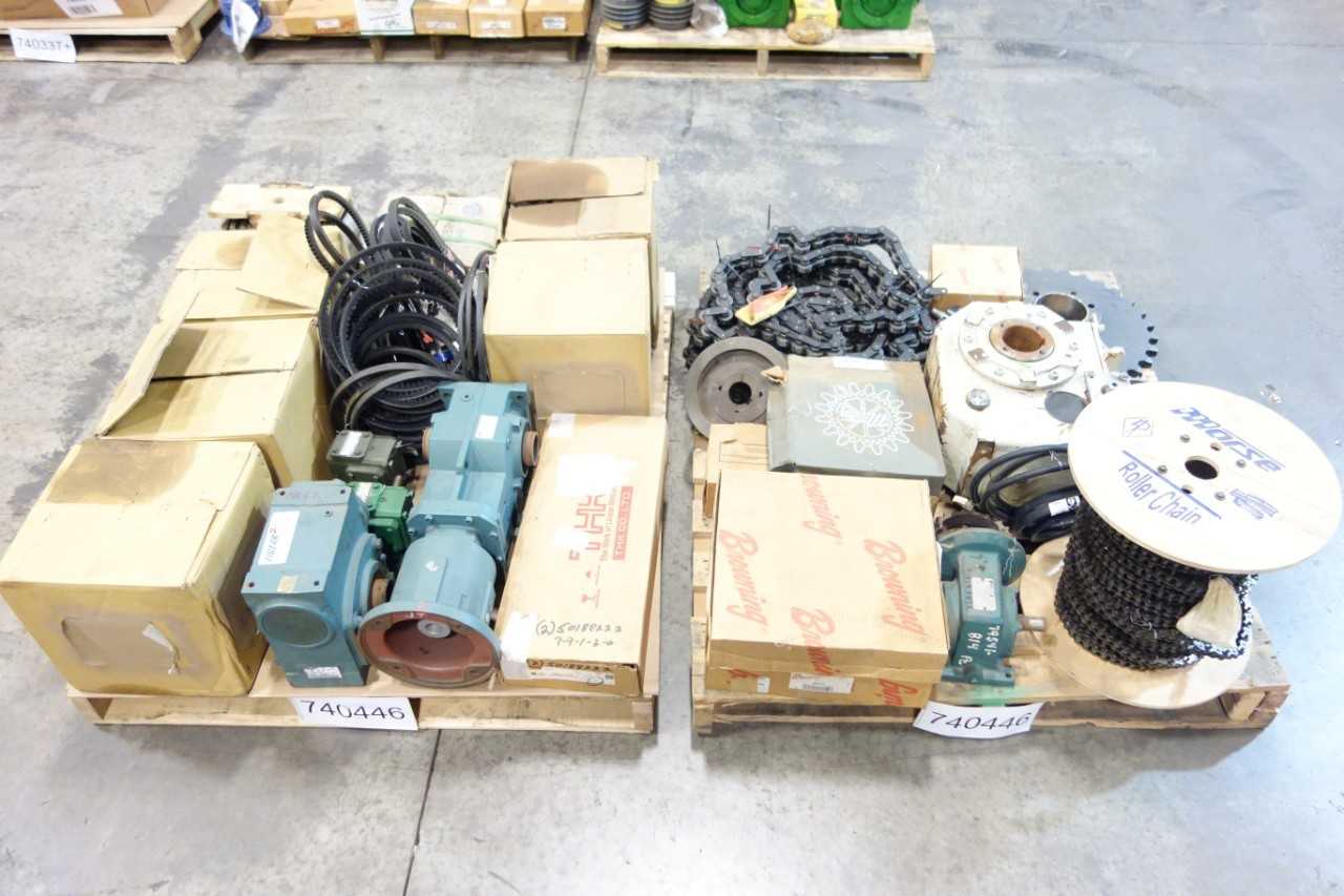 2 PALLETS OF ASSORTED BELTS, ROLLER CHAIN, GEAR REDUCER, SPROCKET- BROWNING, THK, OHIO GEAR, TIGEAR - GEAR REDUCERS 2 PALLETS OF ASSORTED BELTS, ROLLER CHAIN, GEAR REDUCER, SPROCKET- BROWNING, THK, OHIO GEAR, TIGEAR - GEAR REDUCERS