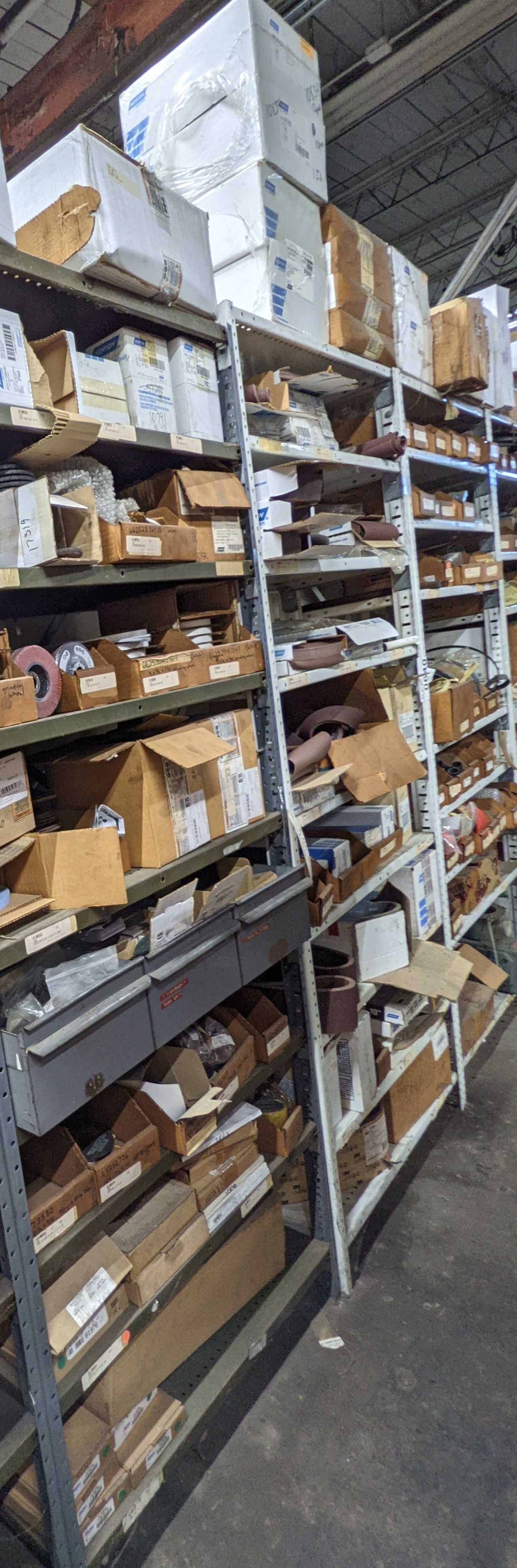 CONTENTS OF 3 SHELVES GRINDING WHEELS , SANDER BELT - MISCELLANEOUS