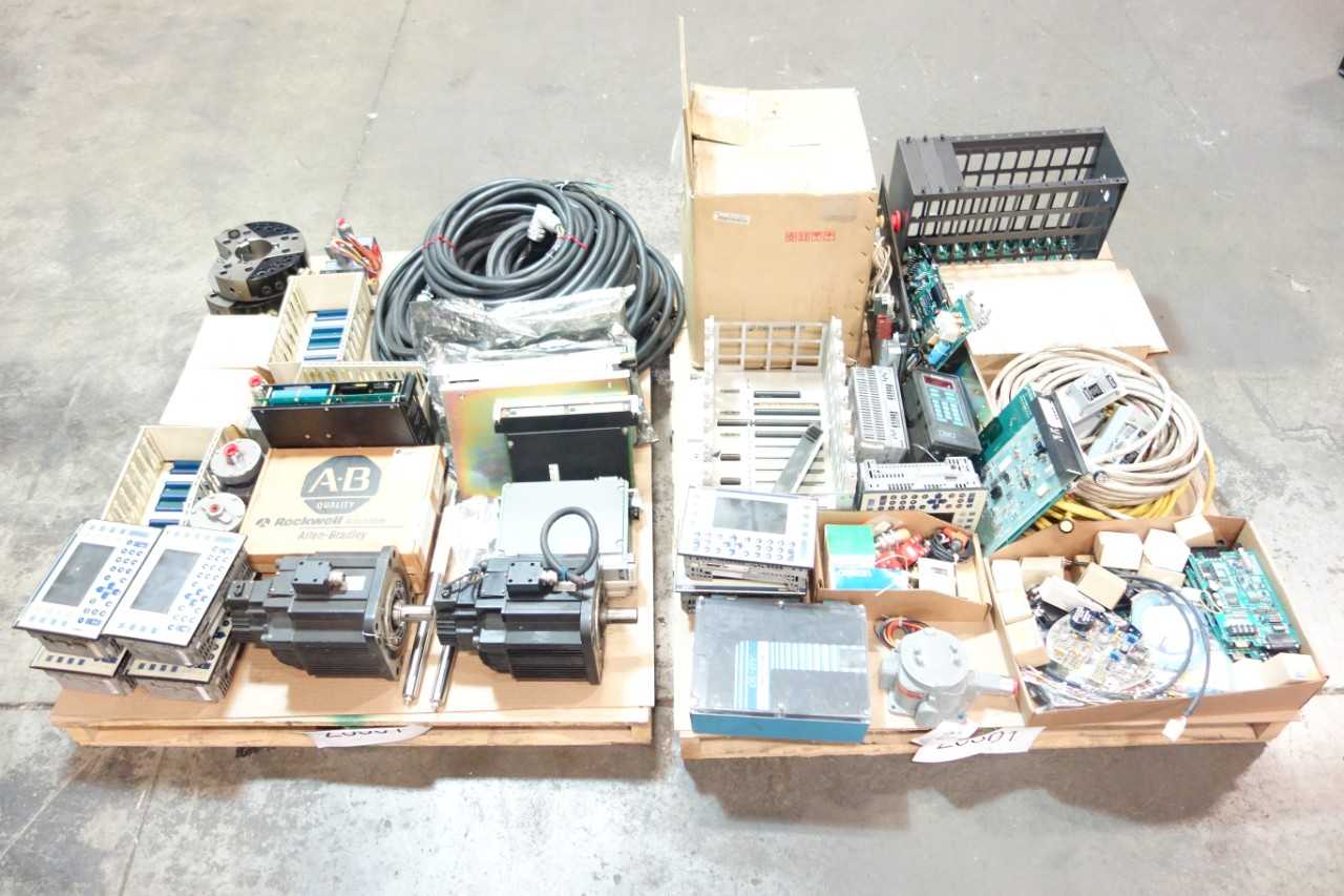 2 PALLETS OF ASSORTED ELECTRICAL SERVO MOTORS, CABLE-WIRE CONTROLS, RACK CONTROLS, VIBRATION SWITCH- ALLEN BRADLEY, GENERAL ELECTRIC, OMRON - ELECTRICAL COMPONENTS