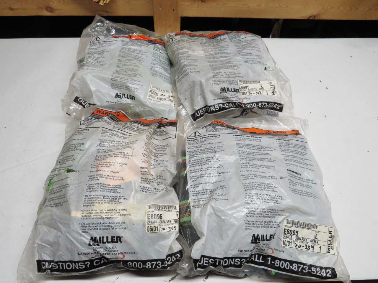 LOT OF 4 MILLER 3X E8095, 1X E650/UGNC FULL BODY HARNESS - SAFETY SWITCH