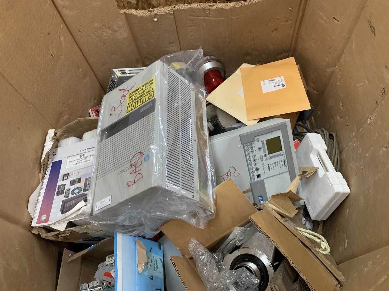 CRATE OF RETURNS AND NON-WORKING ELECTRICAL PARTS ALLEN-BRADLEY ETC. - ELECTRICAL COMPONENTS