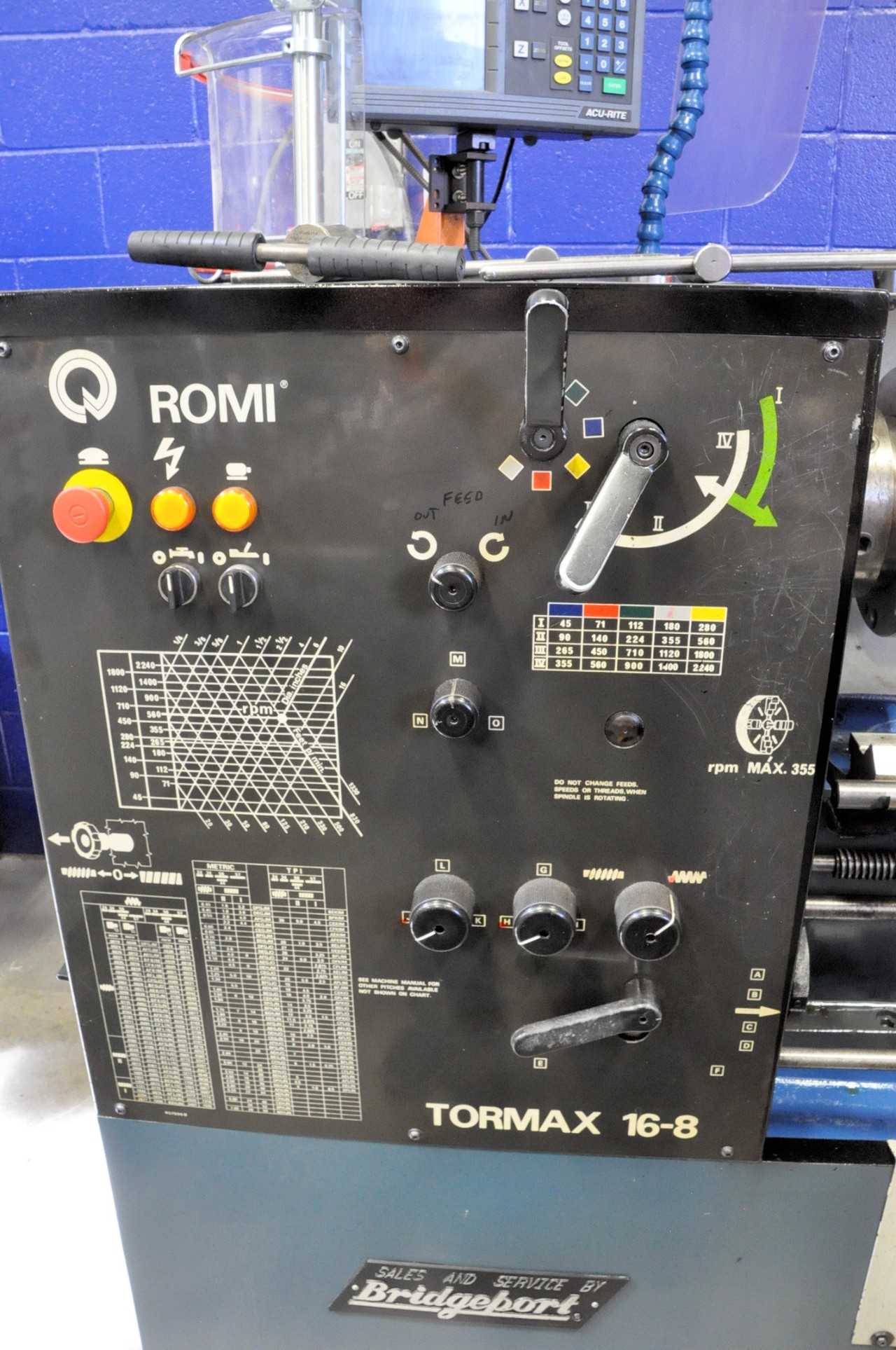 Bridgeport Romi Tormax 16-8, Geared Head Engine Lathe, S/n 002-081084-193 (11-7-1996), Acu-Rite 2-Axis Digital Positioning Readout, 10" 3-Jaw Chuck, 4-Post Tool Post, Tail Stock, Work Light - MACHINE TOOLING