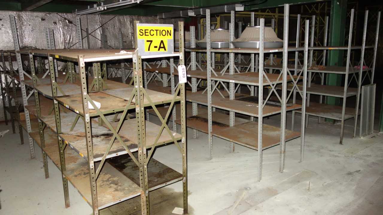3 ROWS OF STEEL SHELVING, APPROX 18FT LONG, 4FT HIGH - SHELVING
