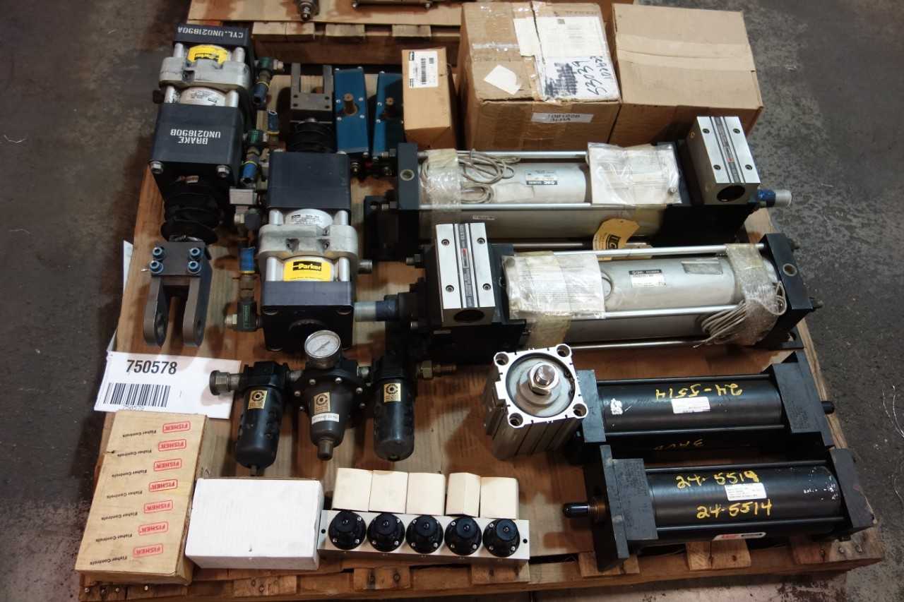 2 PALLETS OF ASSORTED PNEUMATIC VALVES, CYLINDERS, REGULATORS, ACTUATORS, FILTERS- PARKER, SMC, WESTWOOD, TRICO - VALVES