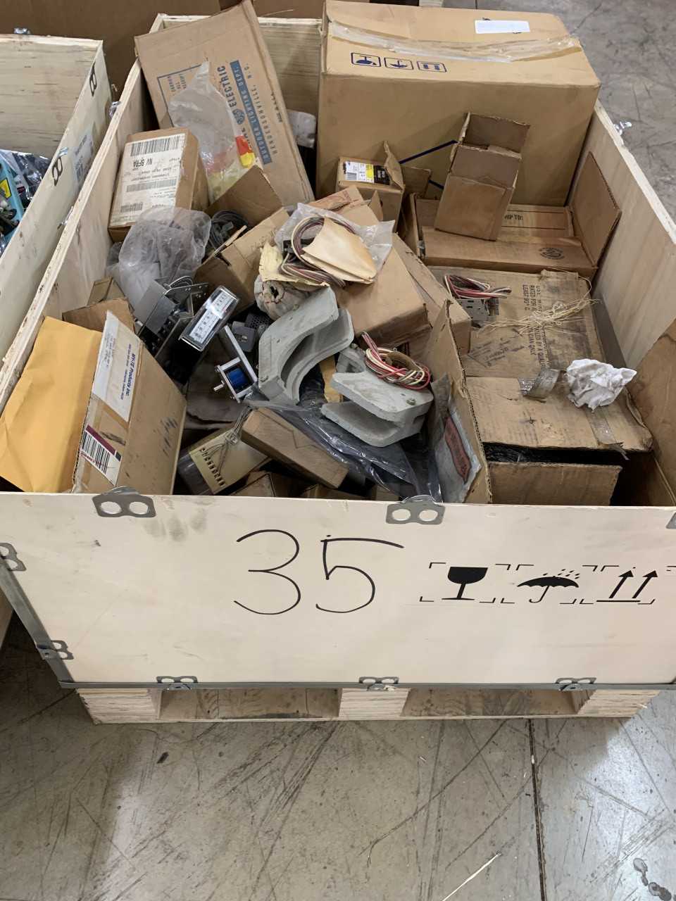 CRATE OF MISC. ELECTRICAL AUTOMATION PARTS GENRAL ELECTRIC ETC. - ELECTRICAL COMPONENTS