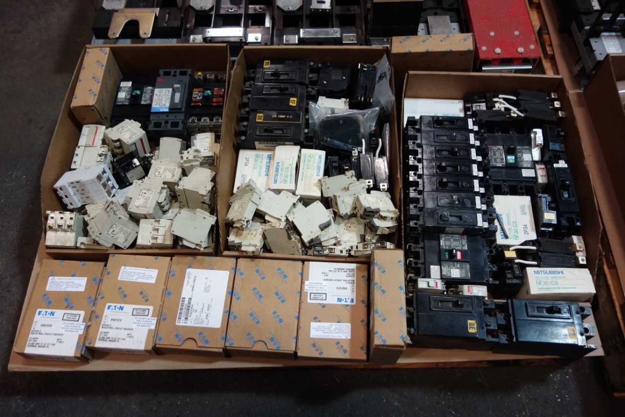 2 PALLETS OF ASSORTED ELECTRICAL- MOLDED CASE CIRCUIT BRAKERS, PILOT LIGHT CONTROLS- EATON, MITSUBISHI, FUJI - CIRCUIT BREAKERS