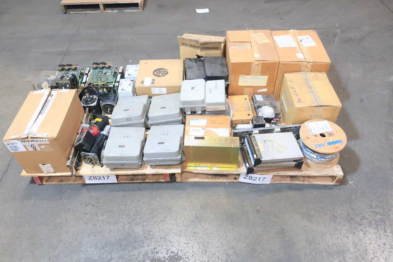 2 PALLETS OF ASSORTED ELECTRICAL ALARM SENSOR, SERVO MOTORS, CABLE-WIRE CONTROLS, MODULE, MOTOR DRIVE, BRAKE RESISTER- SIMPLEX, YASKAWA, SANYO DENKI, GENERAL ELECTRIC, FANUC, NIKON, MITSUBISHI - SERVO