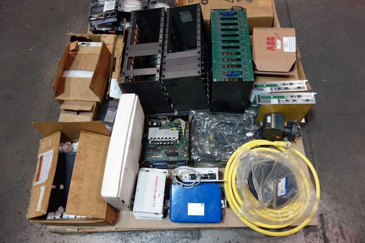 2 PALLETS OF ASSORTED ELECTRICAL- SERVO DRIVE, FIRE ALARMS, MODULE CONTROLS- MITSUBISHI, BAILEY, ABB - AUTOMATION & CONTROLS
