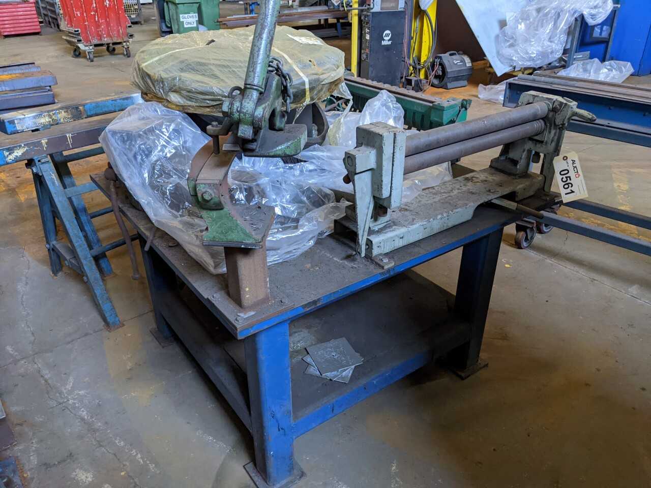 INDUSTRIAL WORK TABLE WITH CONTENTS, PLATE BENDING ROLL MACHINE - MACHINING ACCESSORIES & TOOLING