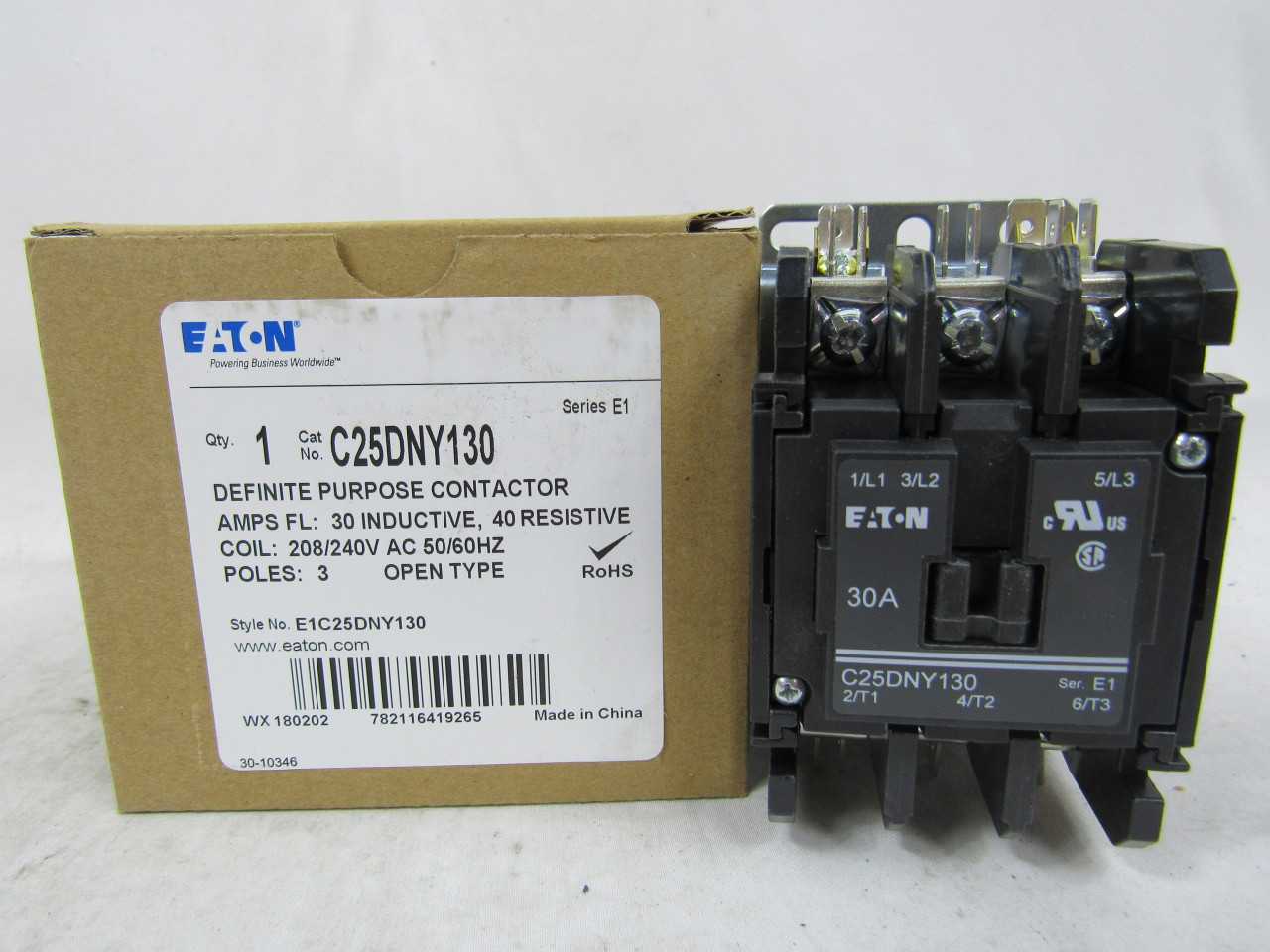 Quantity 100 of Eaton C25DNY130 Definite Purpose Contactor Open 3P 30A - CONTACTORS