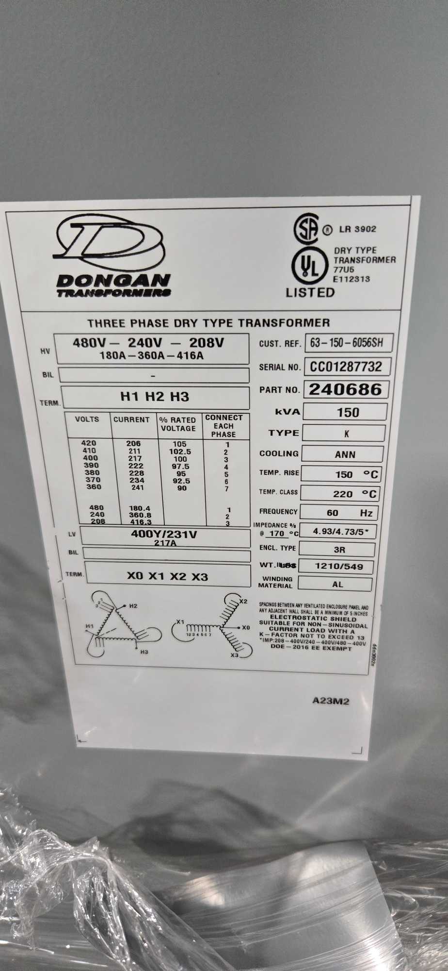 2024 DONGAN 63-150-6056SH DRY POWER DISTRIBUTION TRANSFORMER